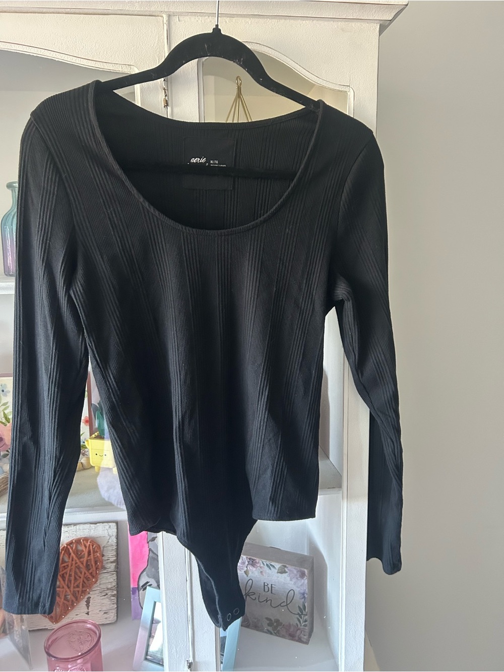 aerie Black Ribbed Scoop-Neck Long Sleeve Bodysuit